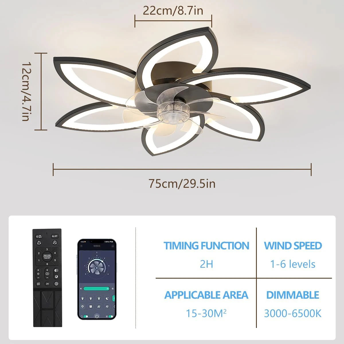Ceiling Fan with Silent Light, 75CM Modern LED Dimmable