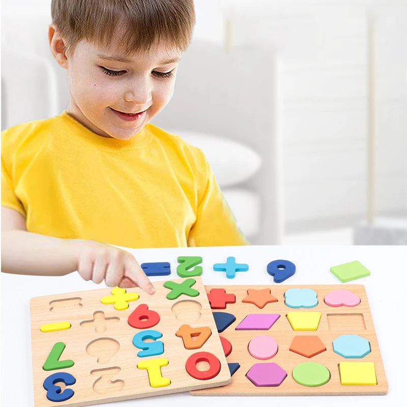 Puzzle Montessori din Lemn - Număr Aritmetic Alfabetic & Forme Geometrice | Jucărie Educativă pentru Copii Preșcolari