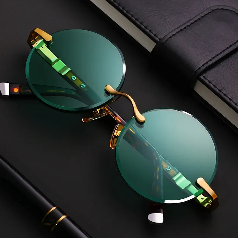 Ochelari de soare unisex clasici fără rame – ochelari retro rotunzi cu cristal verde închis