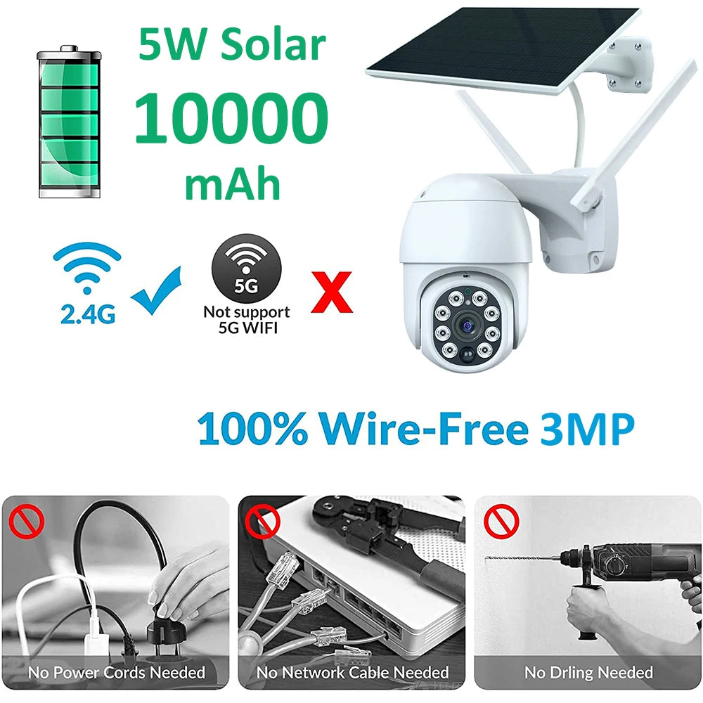 Tuya Smart 3MP Outdoor Camera, Solar-Powered, 10000mAh Battery, Human Detection, Auto Tracking, Wi-Fi, PTZ