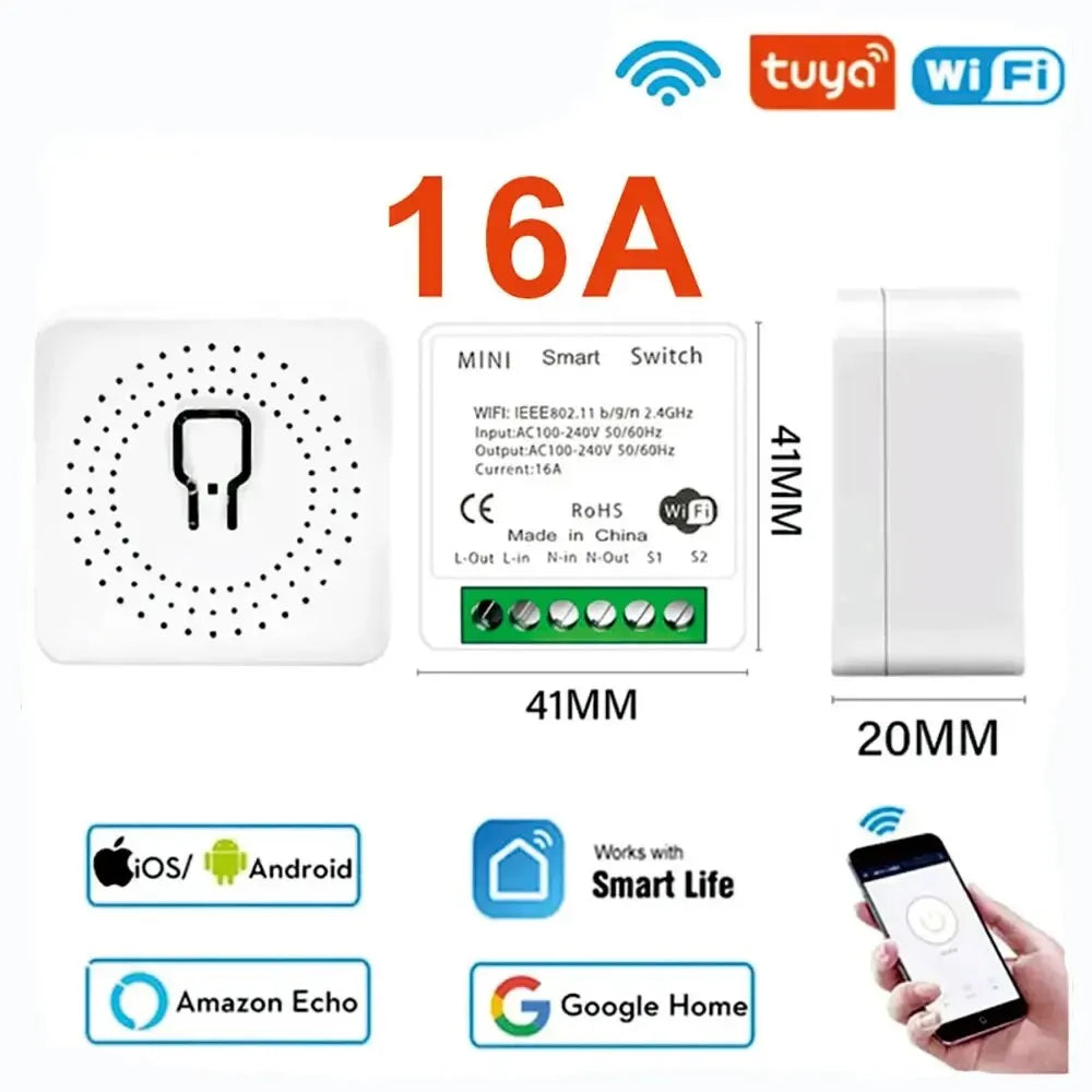Mini WiFi Smart Switch 16A | Tuya 2-Way DIY Light Control | Alexa & Google Home