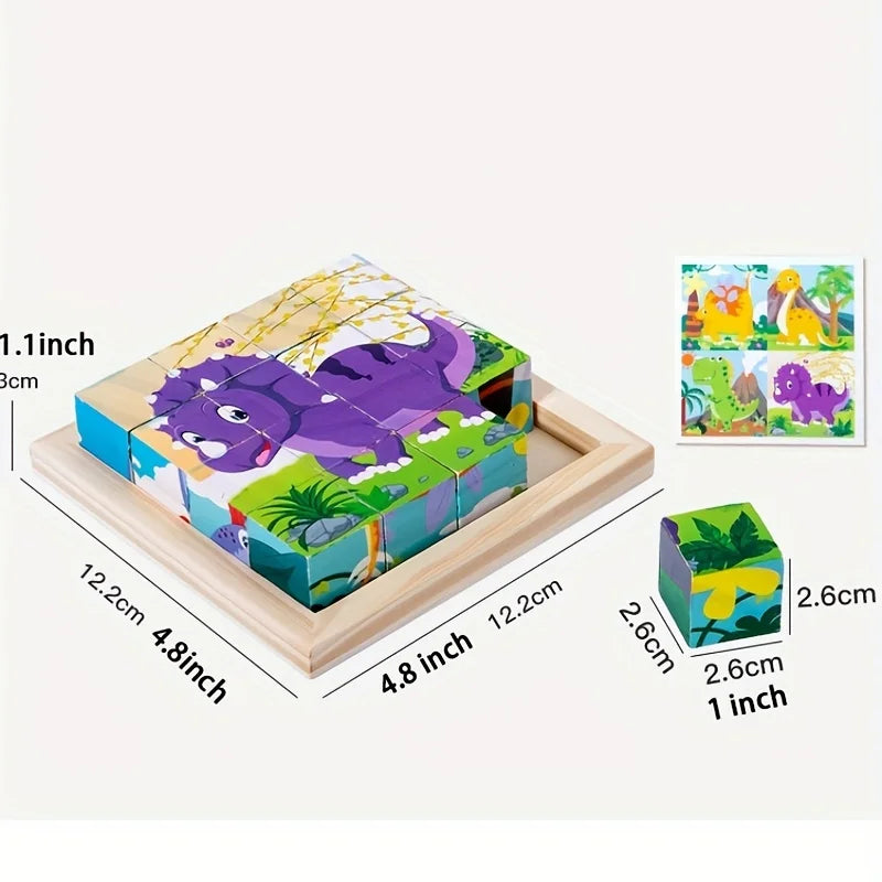 Puzzle 3D Cub cu 6 Fețe - Jucărie Educativă din Lemn pentru Copii | Joc de Depozitare Distractiv cu Tematică de Animale & Junglă