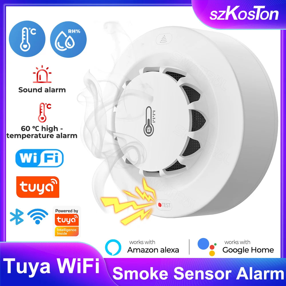 Tuya WiFi Smart Smoke & Fire Alarm – Temperature & Humidity Detector, Works with Alexa & Google Home