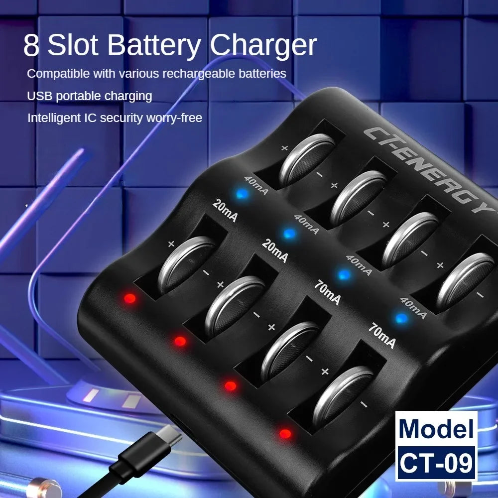 Încărcător inteligent pentru baterii monedă cu litiu cu 8 sloturi - Încărcător USB portabil pentru CR1220, CR2032, CR2450 și altele