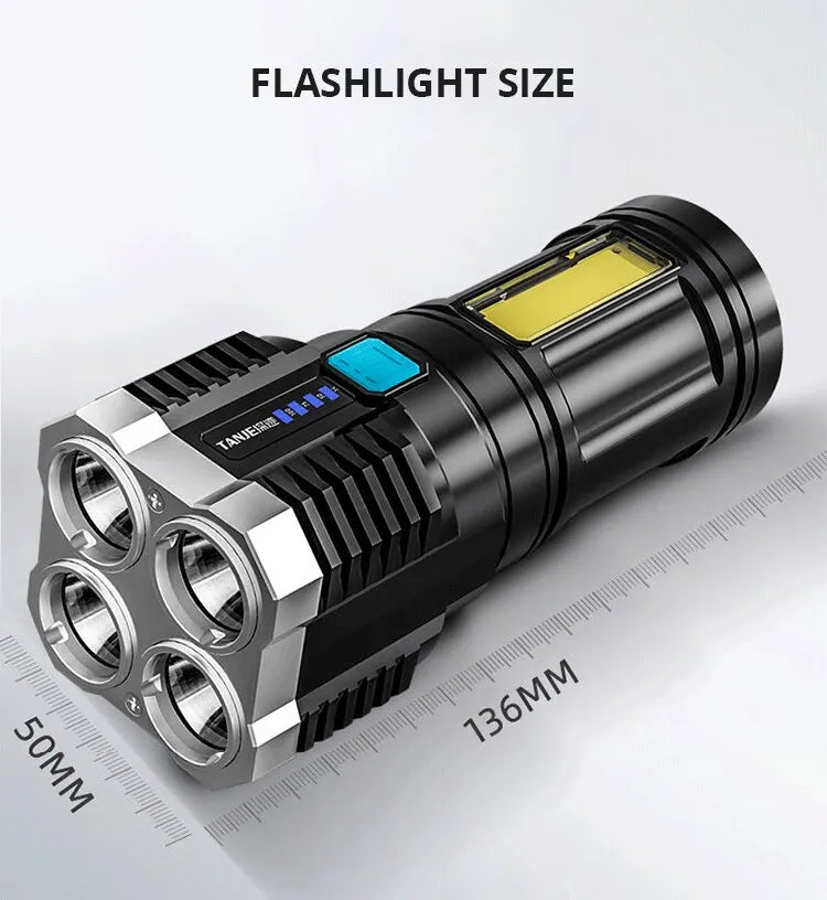High Power LED Flashlight with COB Side Light - Rechargeable, 4 Modes