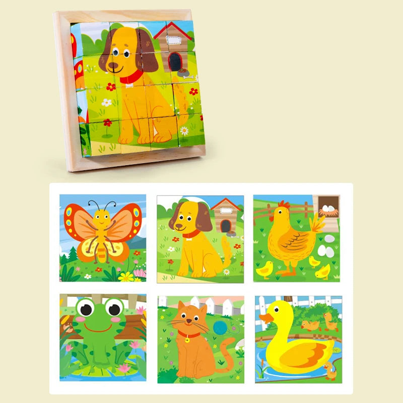 Puzzle 3D Cub cu 6 Fețe - Jucărie Educativă din Lemn pentru Copii | Joc de Depozitare Distractiv cu Tematică de Animale & Junglă