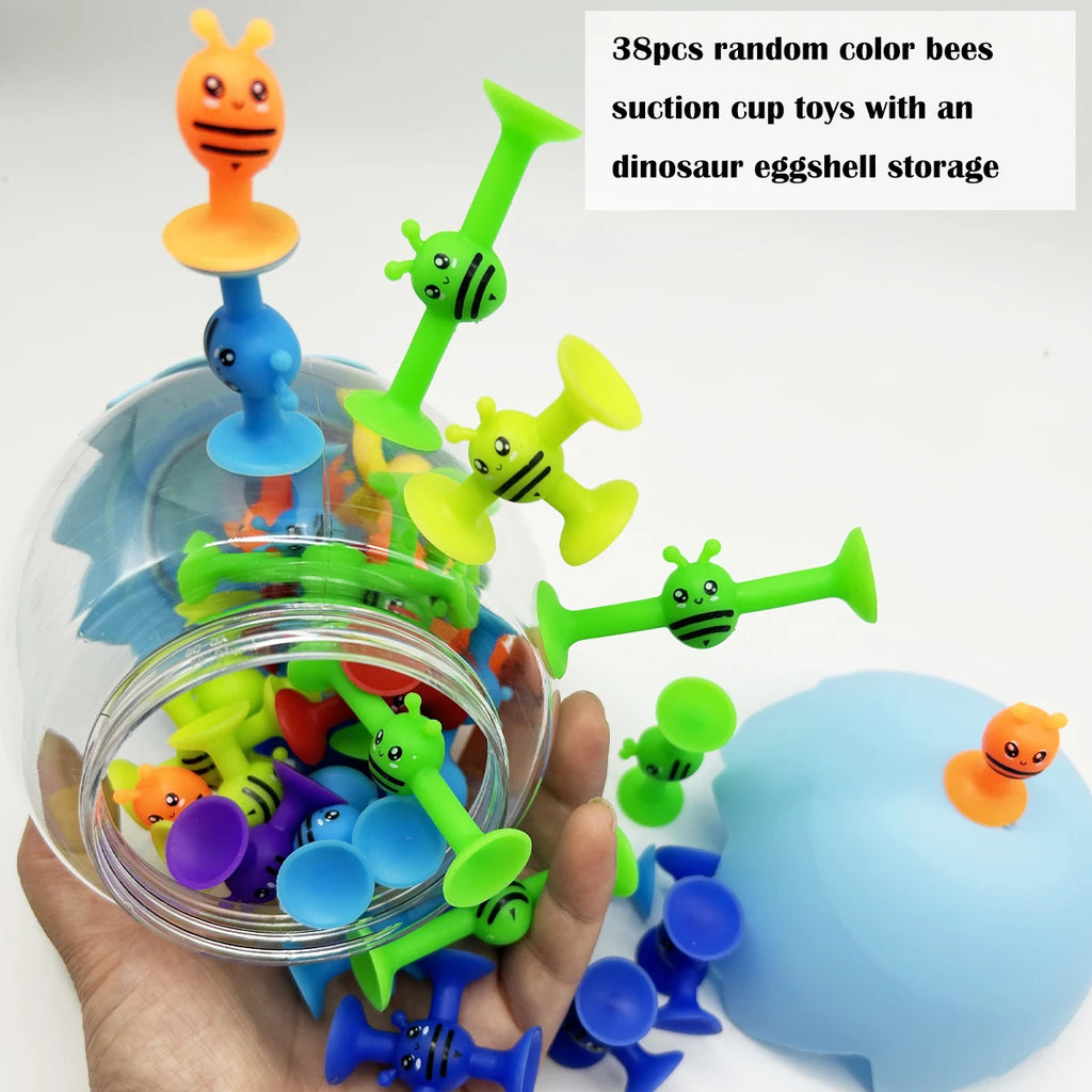 38pcs Bees Suction Cup Toys with Dinosaur Eggshell Storage - Bath, Window & Travel Toys, Parent-Child Interactive Game, Gift for Kids