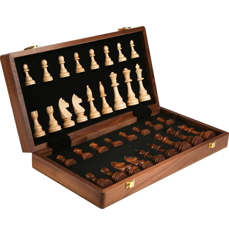 Solid Wood Chess Set - Folding Wooden Board Game with Premium Chess Pieces for Family and Friends