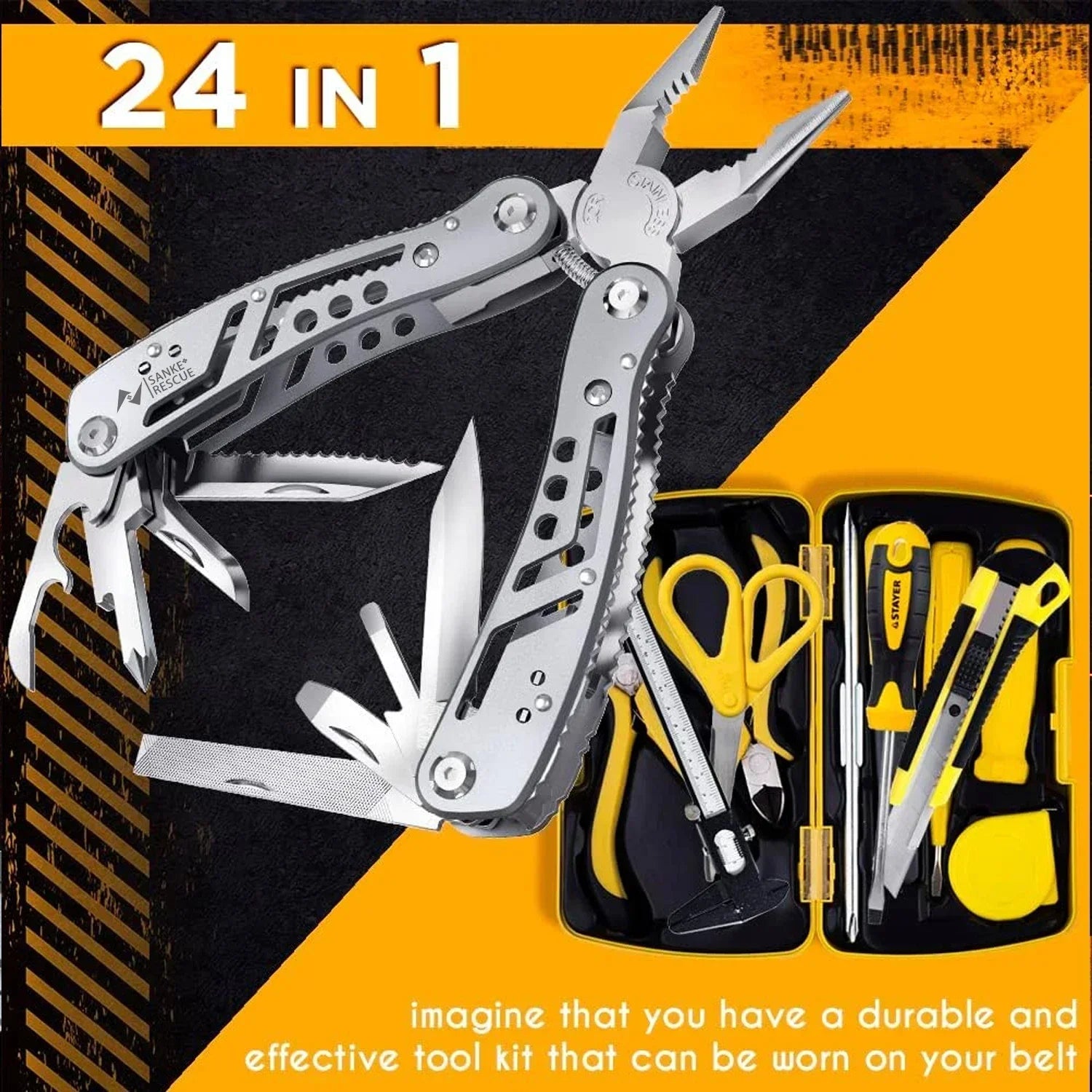 Multitool portabil de buzunar 24 în 1, clește, cuțit și șurubelniță, Oțel Inoxidabil 420, Drumetii, Camping