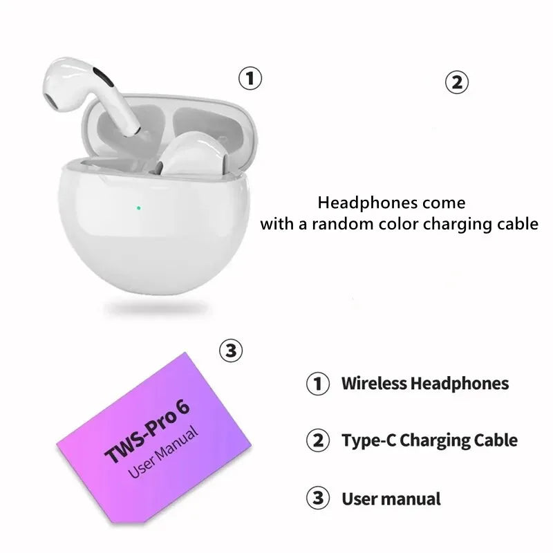 Air Pro 6 TWS Wireless Earbuds - Bluetooth 5.3, Mini Design, Mic, Charging Case