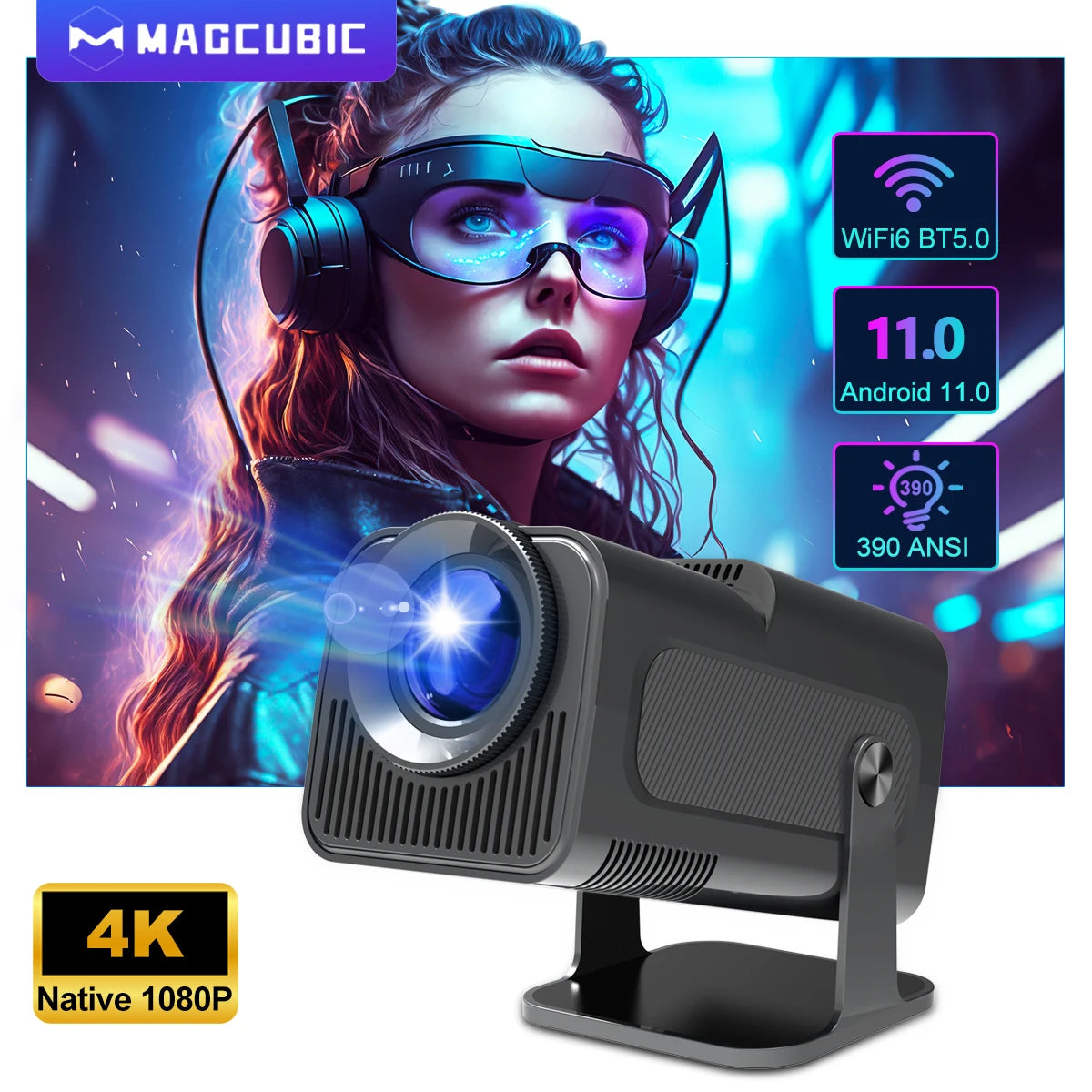 Proiector Magcubic HY320 4K Nativ 1080P | Android 11 | 390 ANSI | WiFi dual 6 și BT 5.0 | Cinema portabil 