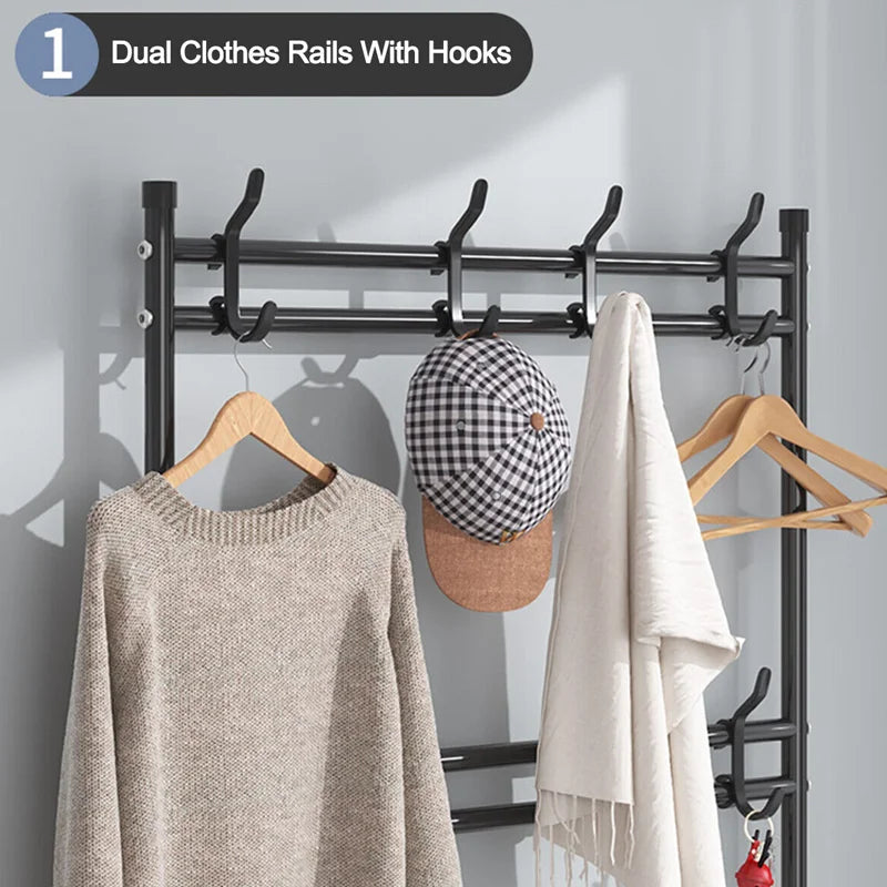 4/5-Tier Shoe Rack with Hangers – Heavy-Duty Floor Organizer for Shoes, Hats & Clothes | Space-Saving Entryway Shelf (60cm Wide, 5kg/Layer)