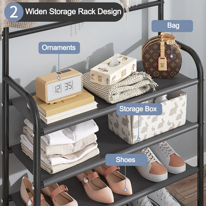 4/5-Tier Shoe Rack with Hangers – Heavy-Duty Floor Organizer for Shoes, Hats & Clothes | Space-Saving Entryway Shelf (60cm Wide, 5kg/Layer)