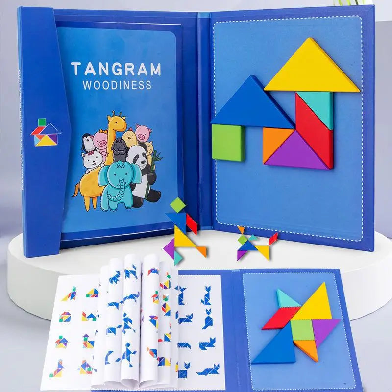 Puzzle din lemn cu puzzle magnetic Tangram - Jucărie educațională Montessori pentru copii (cu vârsta peste 3 ani)