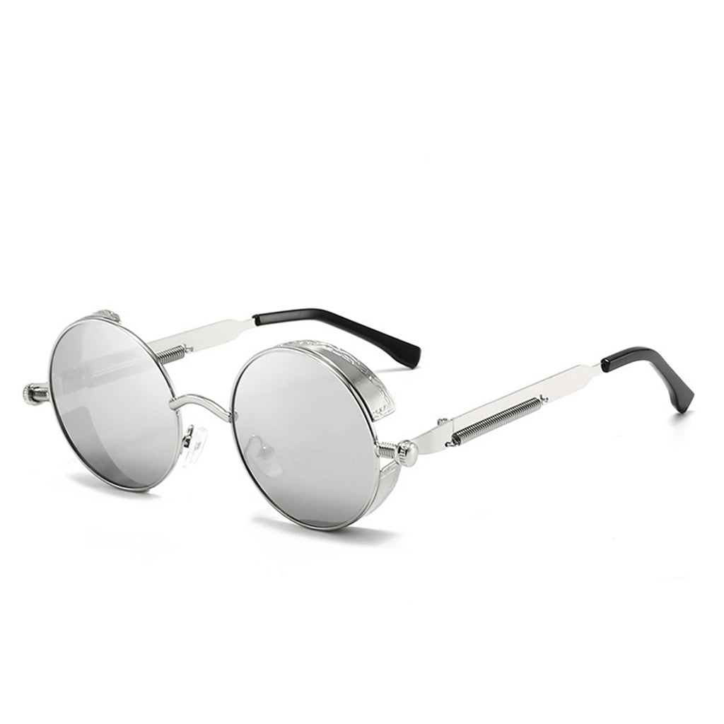 Ochelari de soare retro punk unisex – ochelari oglindă rotunzi reflectorizanți cu ramă metalică