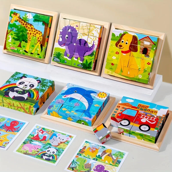 Puzzle 3D Cub cu 6 Fețe - Jucărie Educativă din Lemn pentru Copii | Joc de Depozitare Distractiv cu Tematică de Animale & Junglă
