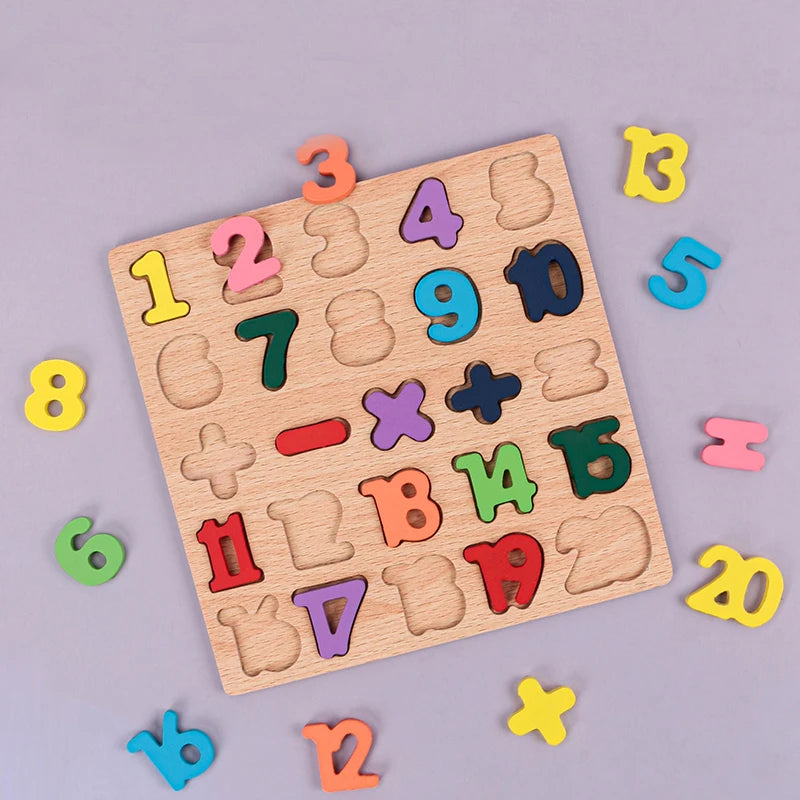 Puzzle Montessori din Lemn - Număr Aritmetic Alfabetic & Forme Geometrice | Jucărie Educativă pentru Copii Preșcolari