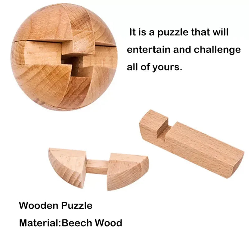 Puzzle din lemn Kongming Lock - Teaser 3D în formă de bilă rotundă, jucărie inteligentă pentru adulți și copii