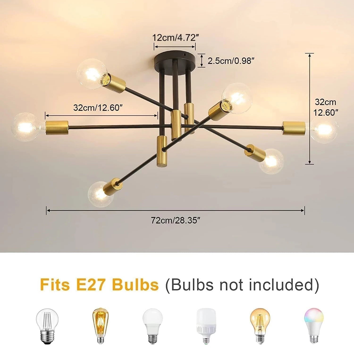 Vintage Industrial Ceiling Light, 6 x E27 Bulb Holders