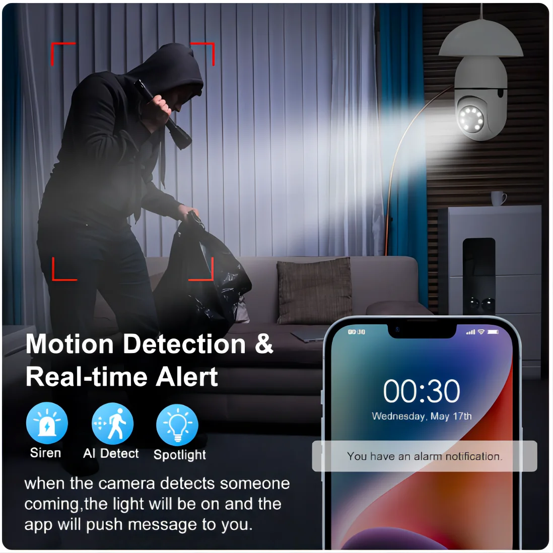 3MP WiFi Outdoor Security Camera, 4X Digital Zoom, Bulb socket