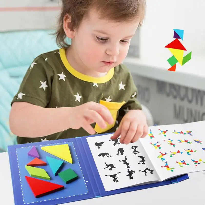 Puzzle din lemn cu puzzle magnetic Tangram - Jucărie educațională Montessori pentru copii (cu vârsta peste 3 ani)