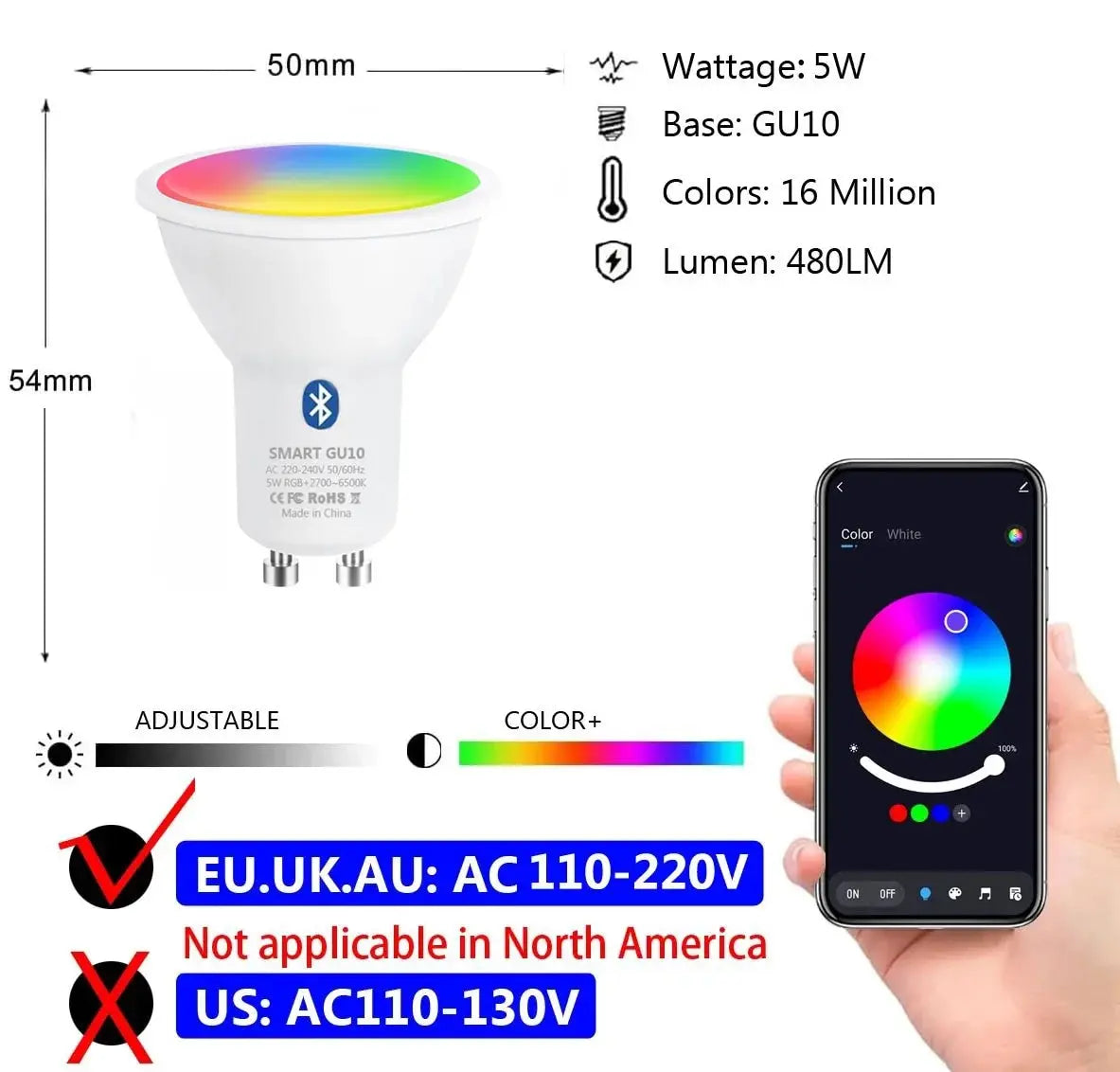 Smart RGB LED Bulb GU10 | 9W | WiFi & Bluetooth | Tuya Smart Life
