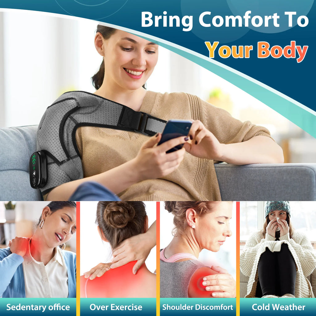Electric Heating Shoulder Massager - 3-in-1 Vibration Massage Brace for Shoulder, Elbow & Knee, Rechargeable Pain Relief & Muscle Relaxation