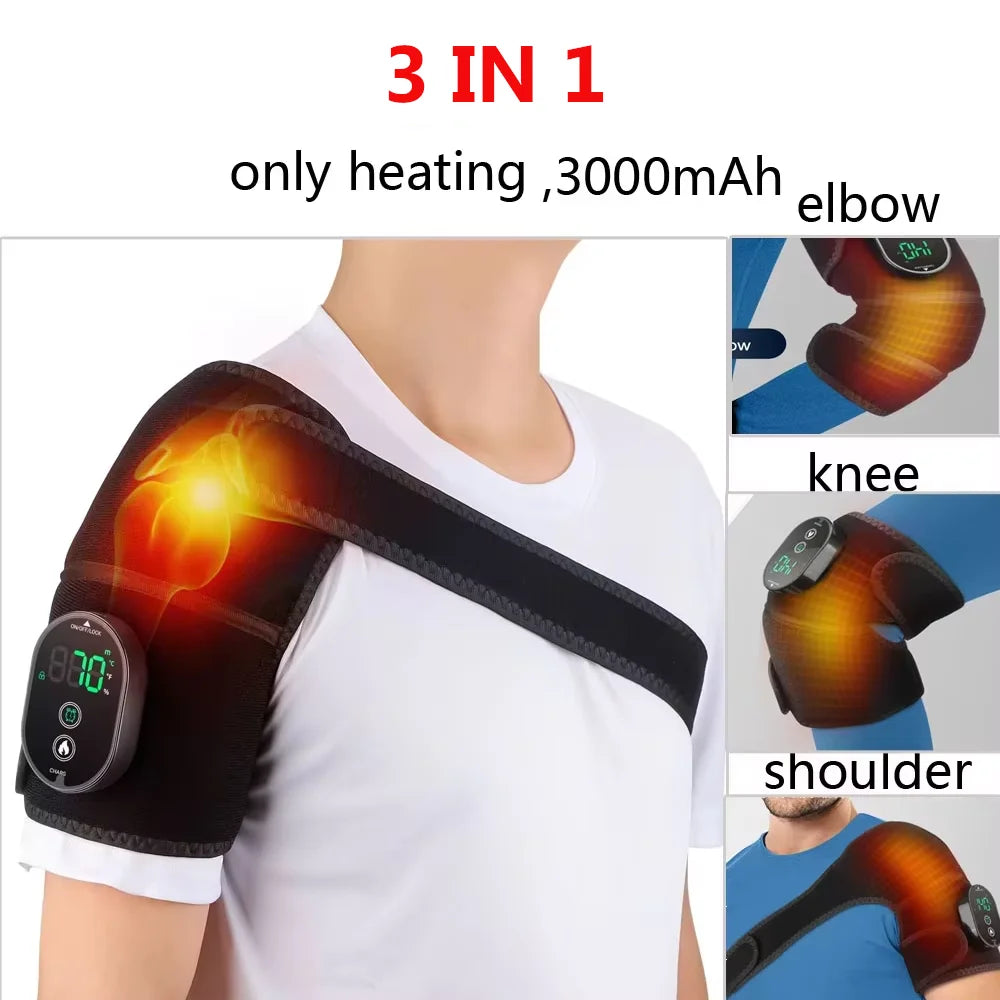 Electric Heating Shoulder Massager - 3-in-1 Vibration Massage Brace for Shoulder, Elbow & Knee, Rechargeable Pain Relief & Muscle Relaxation