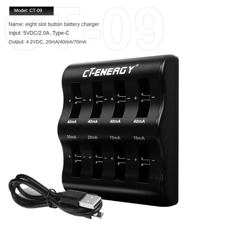 Încărcător inteligent pentru baterii monedă cu litiu cu 8 sloturi - Încărcător USB portabil pentru CR1220, CR2032, CR2450 și altele