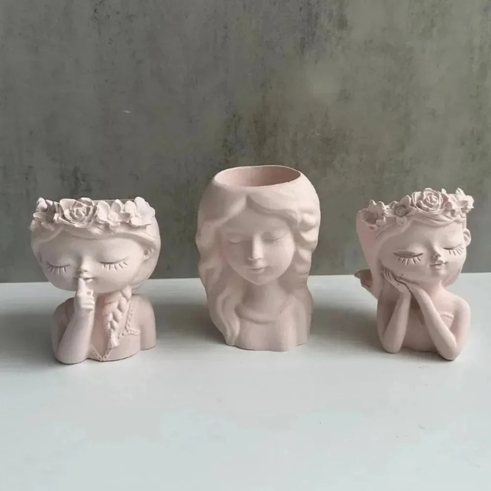 Formă din silicon pentru vază de beton - ghiveci de flori în formă de cap de fată, ipsos și rășină epoxidică pentru suport pentru stilou pentru decorarea interioară