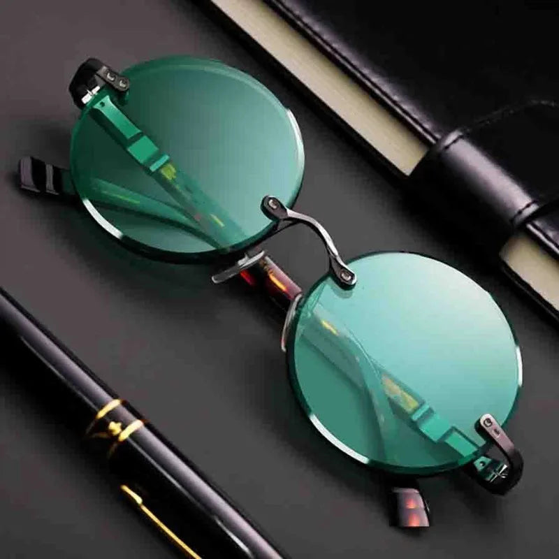 Ochelari de soare unisex clasici fără rame – ochelari retro rotunzi cu cristal verde închis
