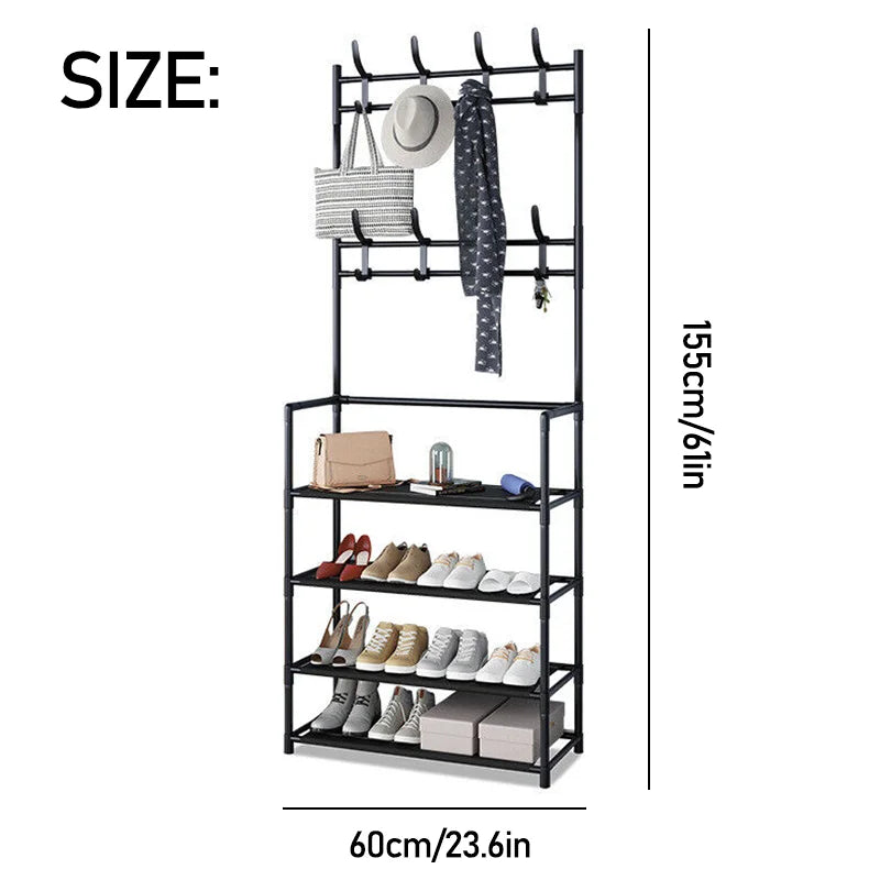 4/5-Tier Shoe Rack with Hangers – Heavy-Duty Floor Organizer for Shoes, Hats & Clothes | Space-Saving Entryway Shelf (60cm Wide, 5kg/Layer)