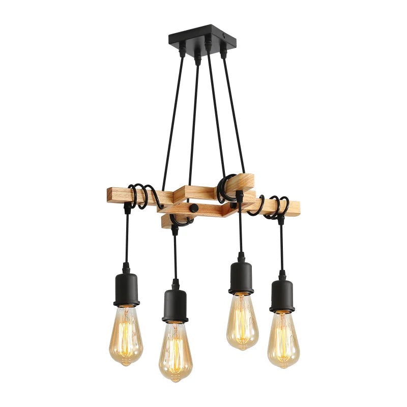 Industrial Vintage Pendant Light E27, Wire-Wound Wooden Chandelier