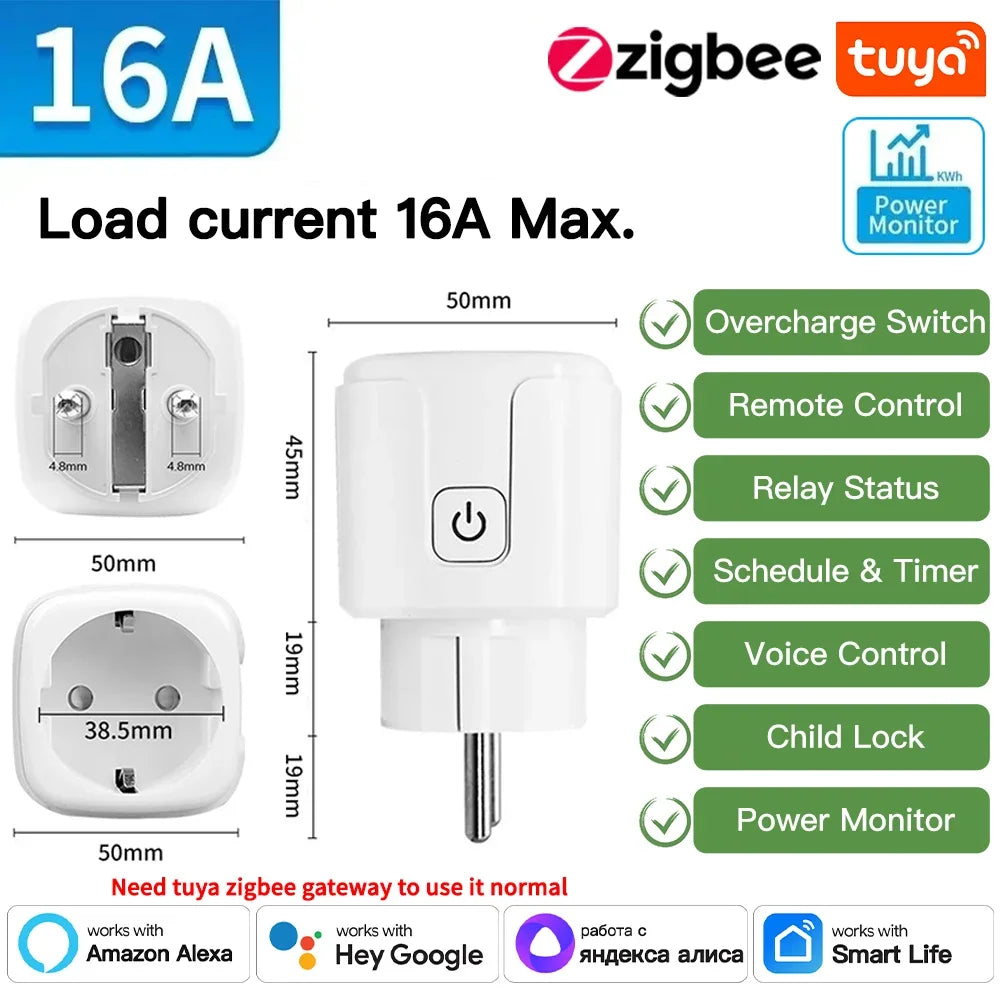 Tuya WiFi/Zigbee Smart Plug EU 16A/20A – Power Monitor, Remote Control, SmartLife, Alexa & Google Home