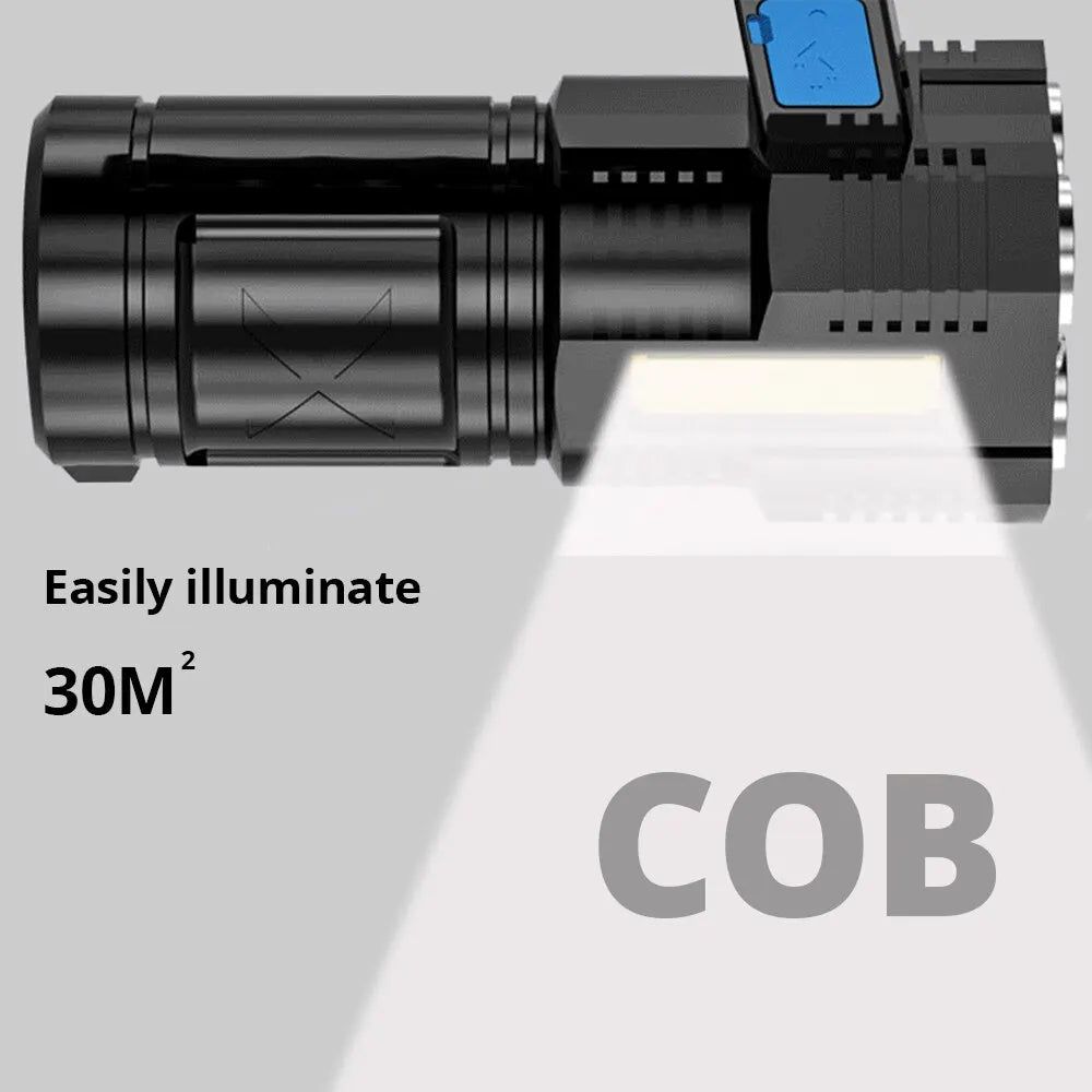 High Power LED Flashlight with COB Side Light - Rechargeable, 4 Modes