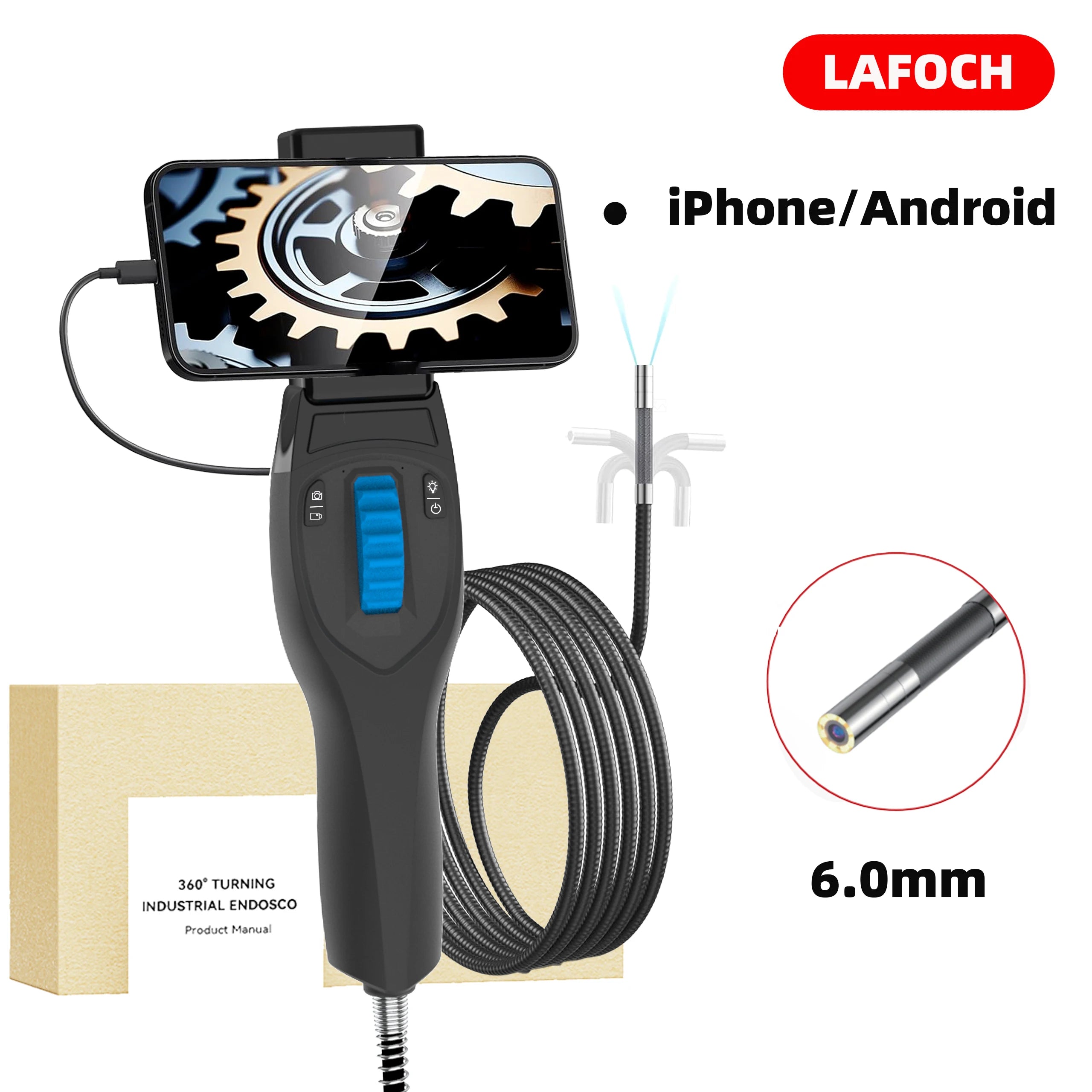 Cameră boroscopică articulată 360° în două direcții - 1080P HD, sondă impermeabilă de 6,2 mm/3,9 mm, compatibilă cu Android/iOS
