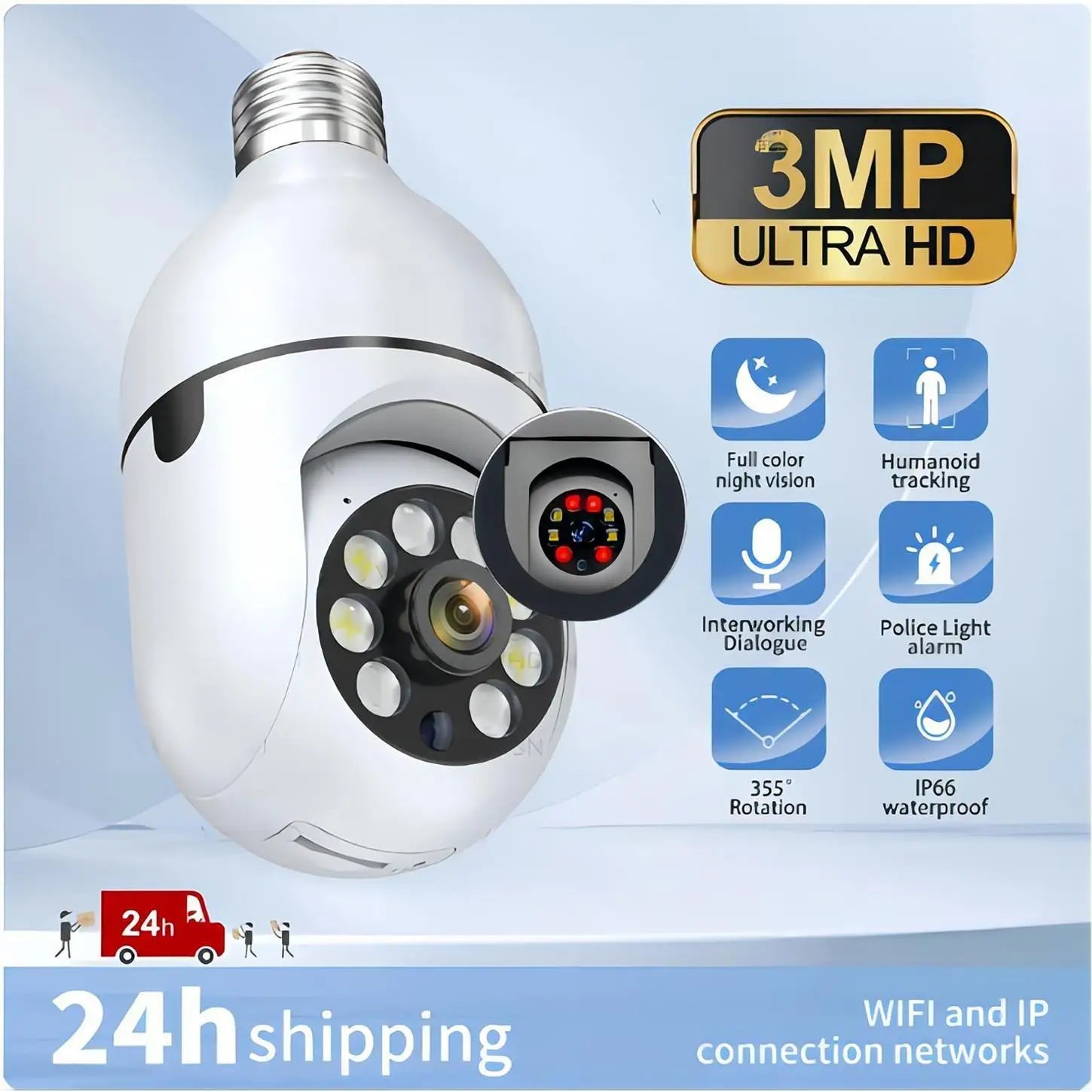 3MP WiFi Outdoor Security Camera, 4X Digital Zoom, Bulb socket