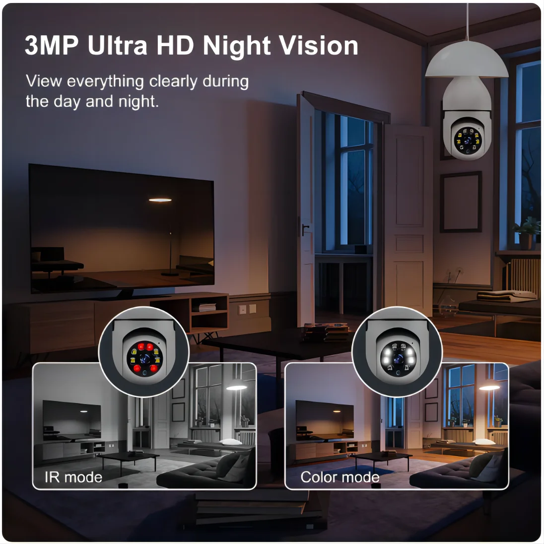 3MP WiFi Outdoor Security Camera, 4X Digital Zoom, Bulb socket