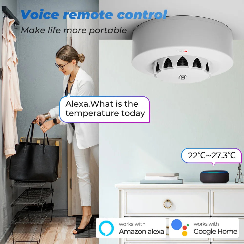 Tuya WiFi Smart Smoke & Fire Alarm – Temperature & Humidity Detector, Works with Alexa & Google Home