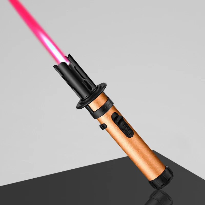 Brichetă Turbo Blowtorch - Brichetă cu gaz, flacără cu jet rezistentă la vânt pentru gătit, trabucuri, sudare și bijuterii, flacără albastră reglabilă (corp metalic, combustibil butan)