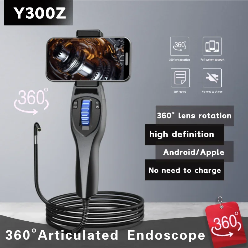 Cameră boroscopică articulată 360° în două direcții - 1080P HD, sondă impermeabilă de 6,2 mm/3,9 mm, compatibilă cu Android/iOS