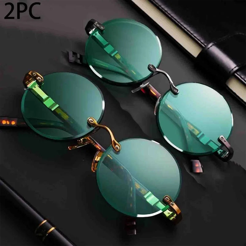 Ochelari de soare unisex clasici fără rame – ochelari retro rotunzi cu cristal verde închis