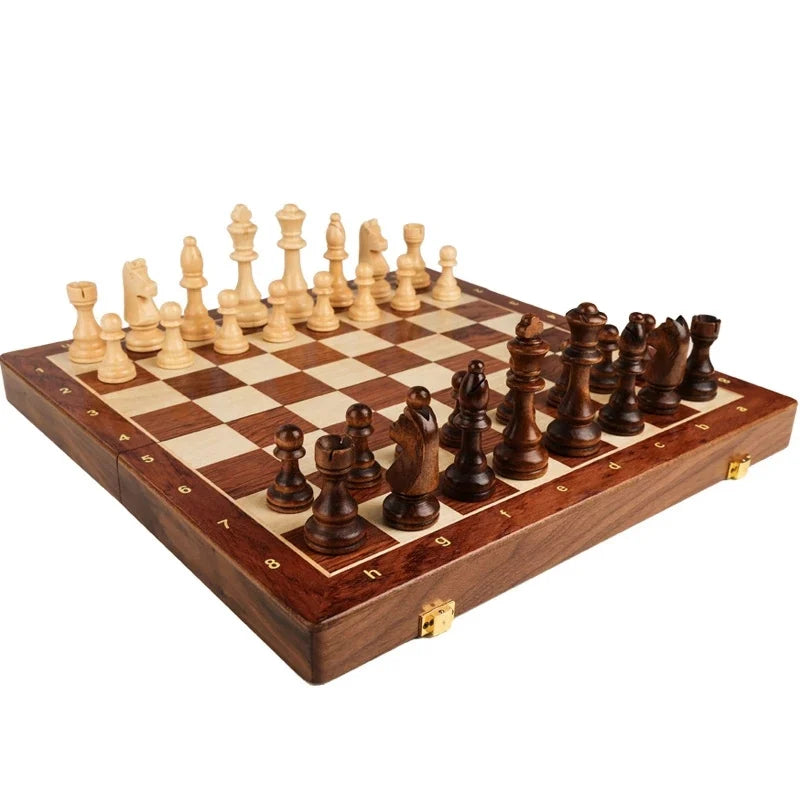 Solid Wood Chess Set - Folding Wooden Board Game with Premium Chess Pieces for Family and Friends