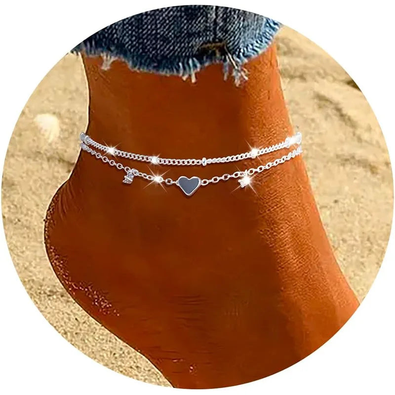 925 Silver Heart Anklet – Waterproof CZ Charm Jewelry for Women