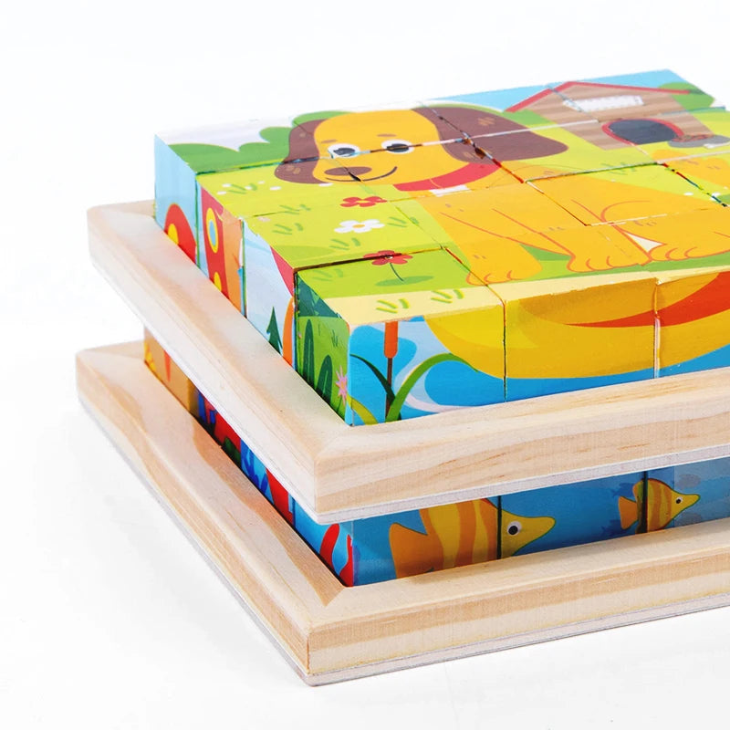 Puzzle 3D Cub cu 6 Fețe - Jucărie Educativă din Lemn pentru Copii | Joc de Depozitare Distractiv cu Tematică de Animale & Junglă