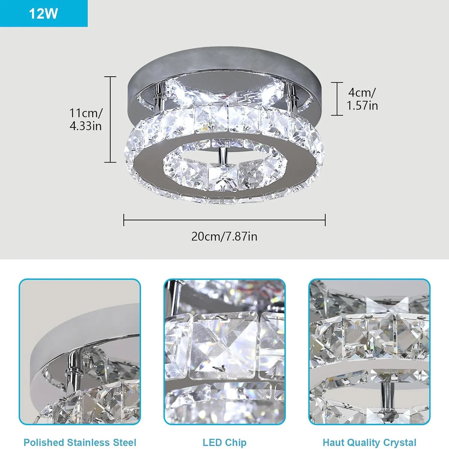 LED Ceiling Light 12W, Crystal Chandelier, Modern Round Design, 6500K (Cool White), Silver