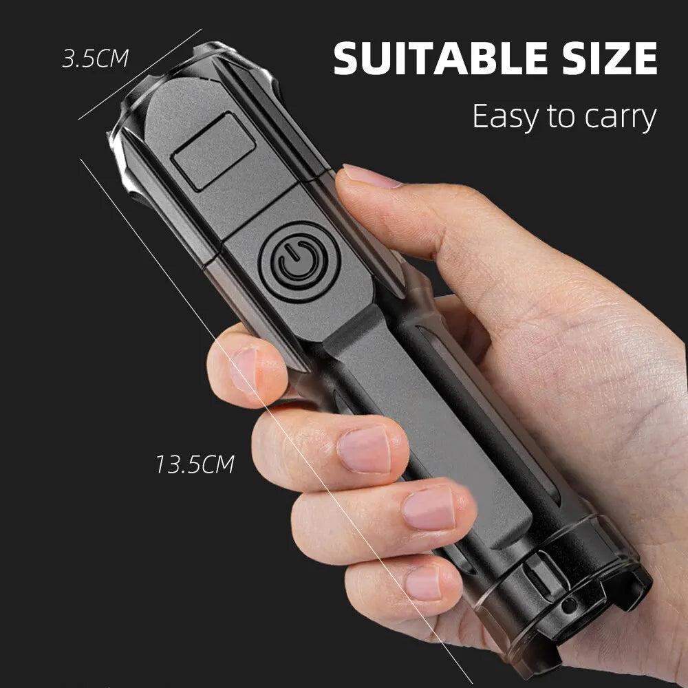 Lanterna LED, încărcabilă prin USB, cu zoom și 3 moduri de iluminare.