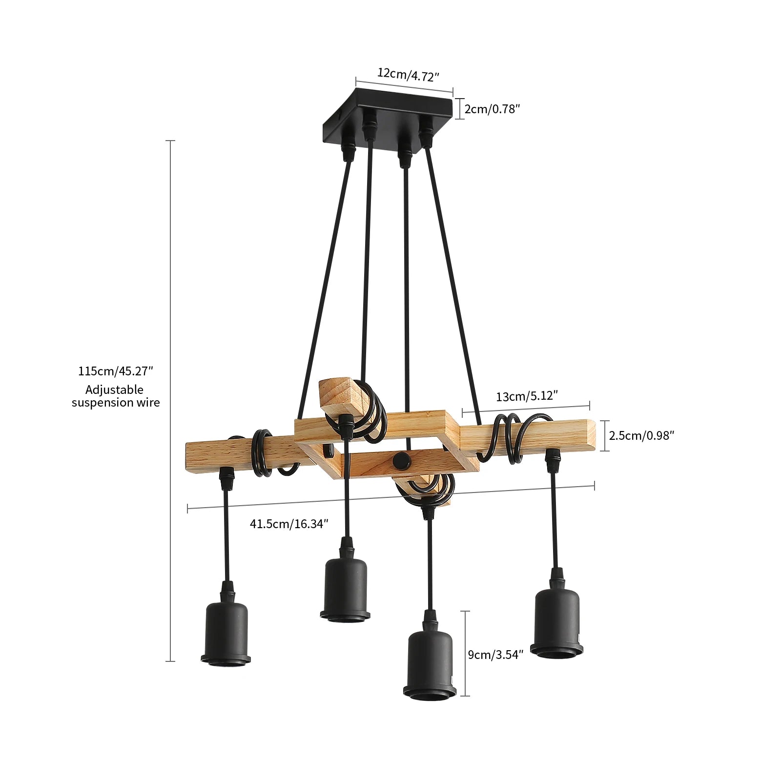 Industrial Vintage Pendant Light E27, Wire-Wound Wooden Chandelier