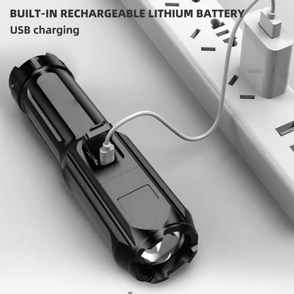 Lanterna LED, încărcabilă prin USB, cu zoom și 3 moduri de iluminare.