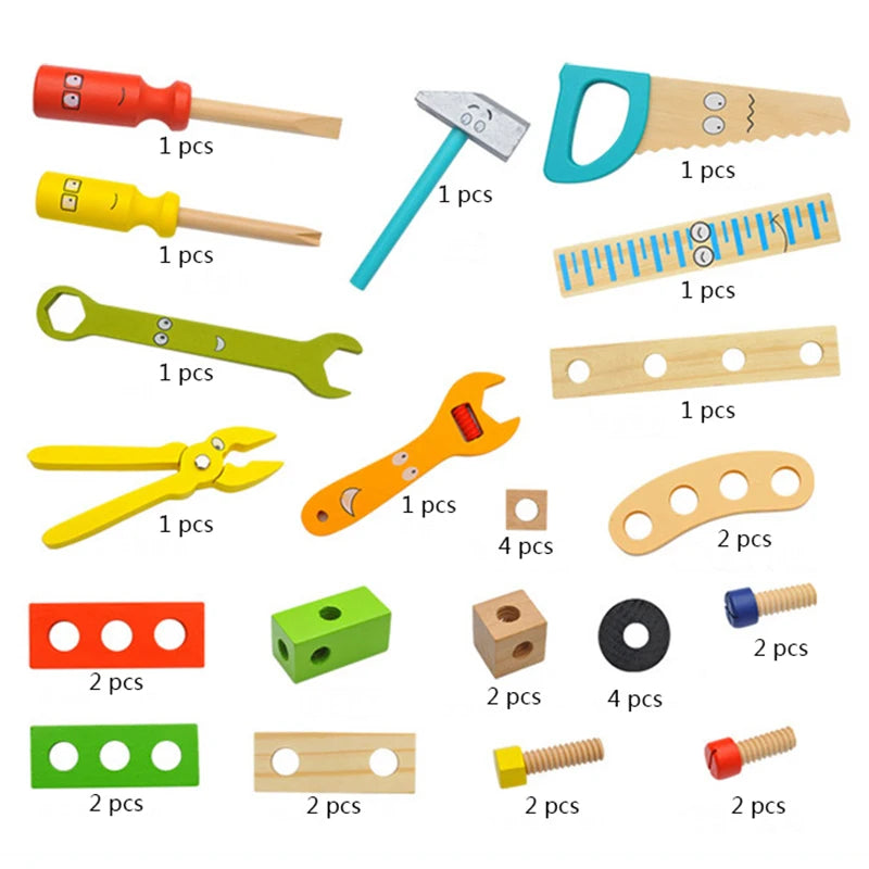 Set de joacă Montessori Kids Toolbox - Jucărie educațională de instrumente de dulgher din lemn și plastic pentru copii, joc de simulare de asamblare DIY